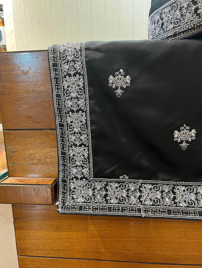 Groom Black Safa Turban & Shawl Set, Sherwani Pagri with Grey Embroidery