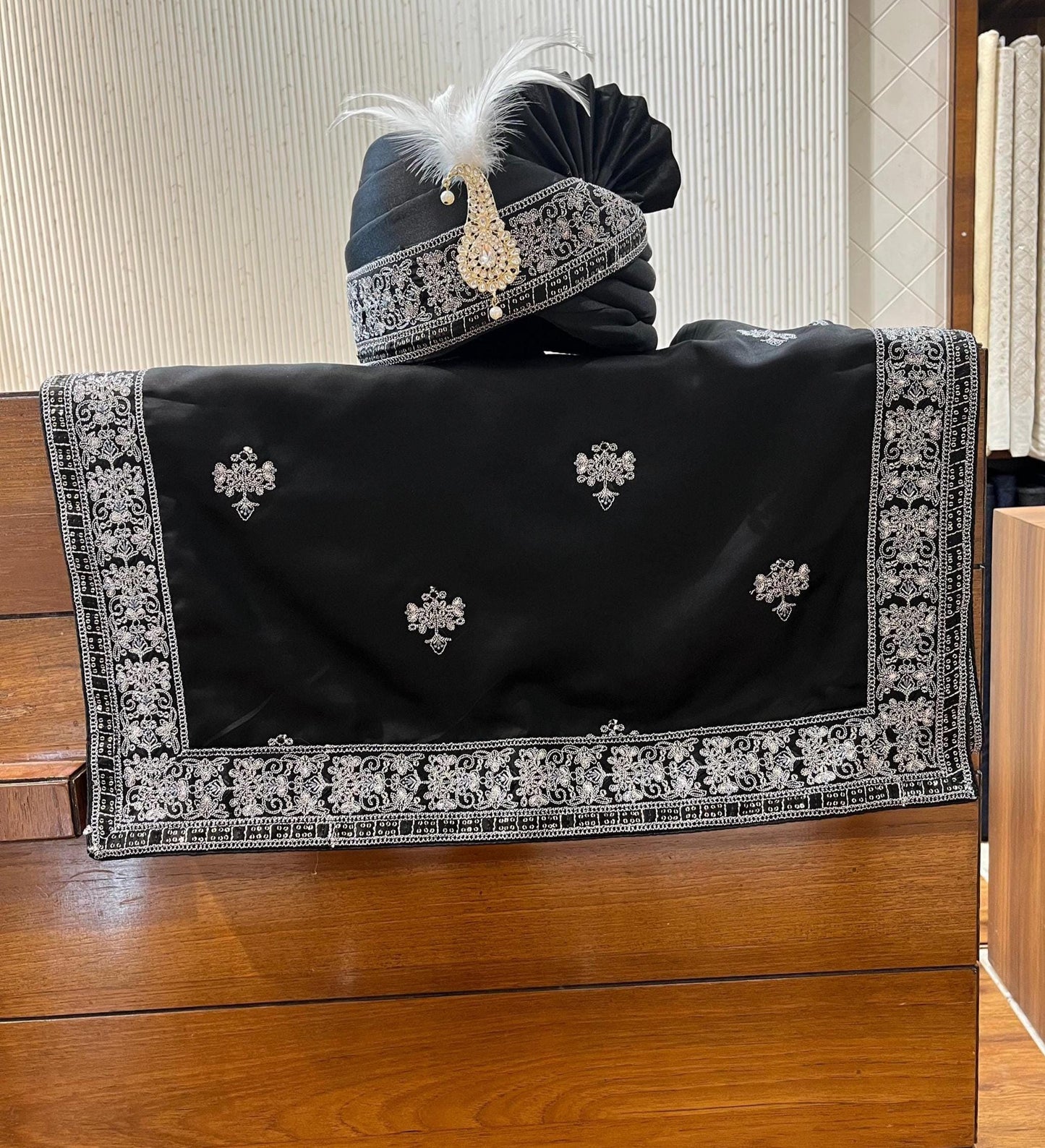 Groom Black Safa Turban & Shawl Set, Sherwani Pagri with Grey Embroidery