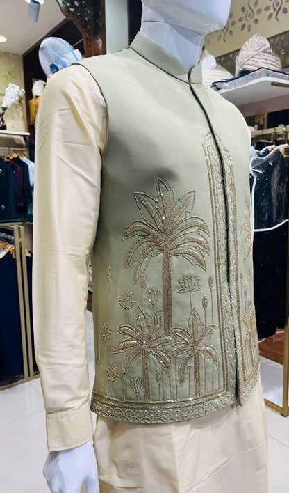 Sage Green Bandhgala Jacket Set: Zardozi Embroidered Nehru Jacket
