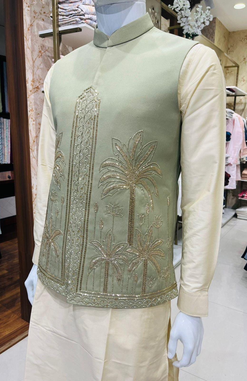 Sage Green Bandhgala Jacket Set: Zardozi Embroidered Nehru Jacket