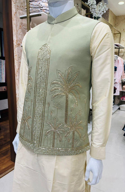 Sage Green Bandhgala Jacket Set: Zardozi Embroidered Nehru Jacket
