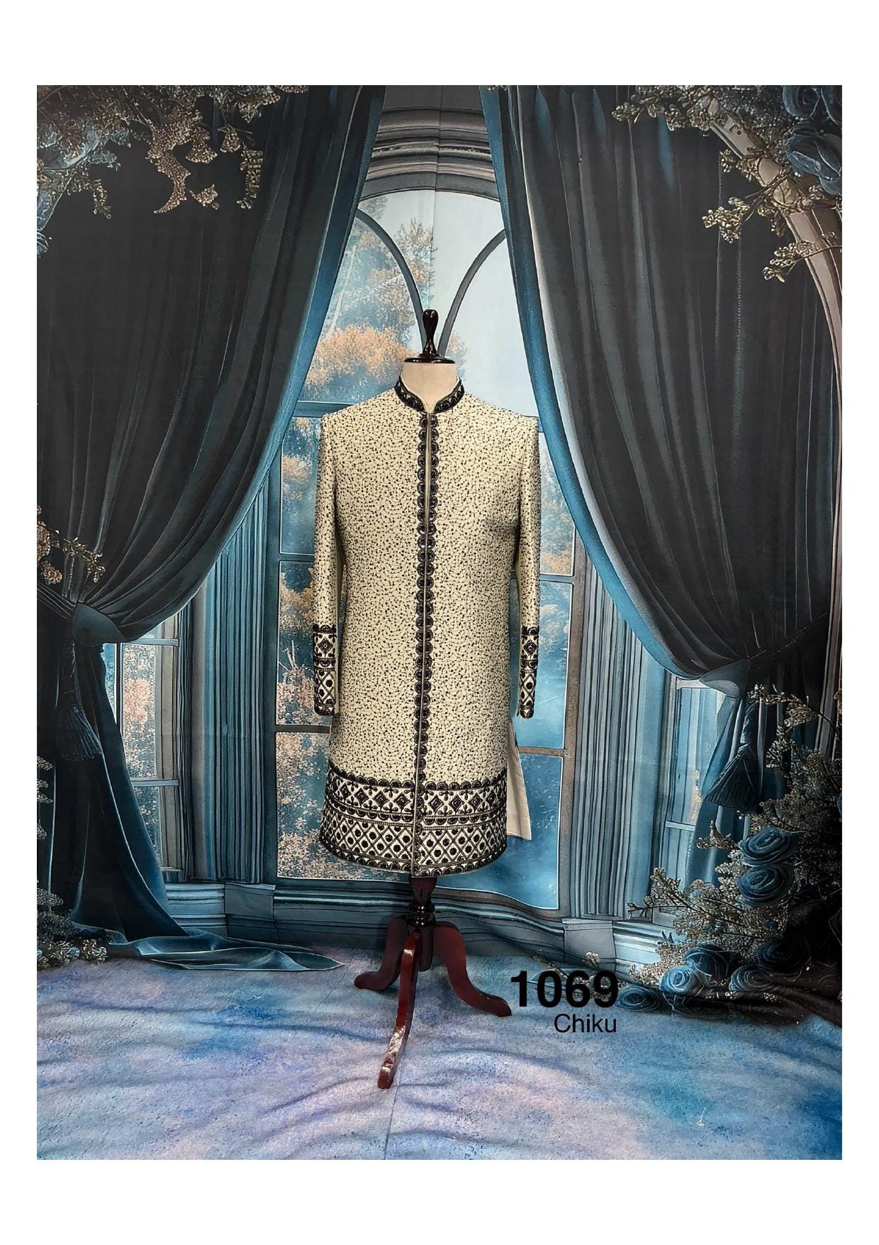 Elegant Fawn Sherwani with Black Zardozi, Men's Indo-Western Wedding Attire by Golden Attire