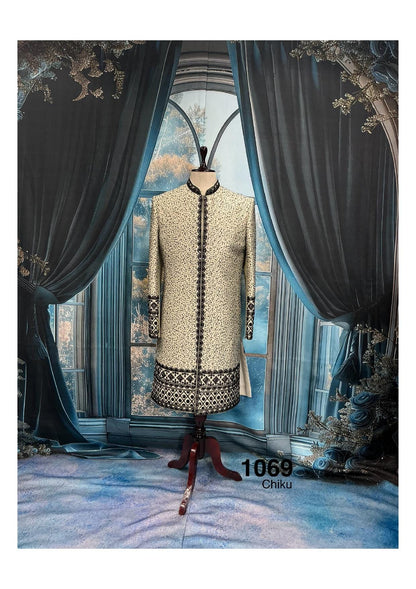 Elegant Fawn Sherwani with Black Zardozi, Men's Indo-Western Wedding Attire by Golden Attire