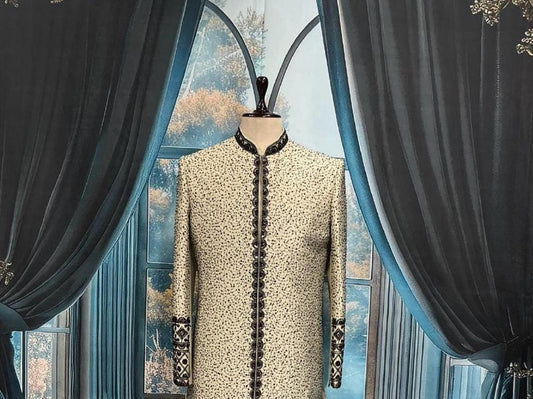 Elegant Fawn Sherwani with Black Zardozi, Men's Indo-Western Wedding Attire by Golden Attire