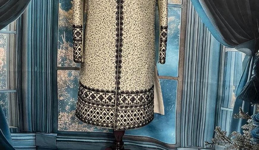 Elegant Fawn Sherwani with Black Zardozi, Men's Indo-Western Wedding Attire by Golden Attire