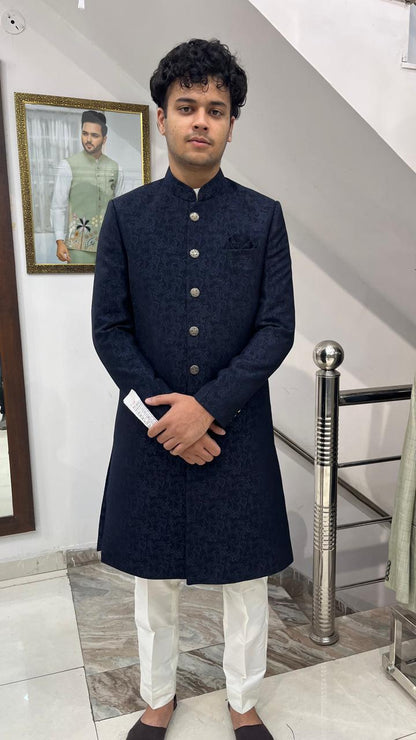 Navy Blue Jacquard Sherwani for Groom, Indo-Western Wedding Achkan
