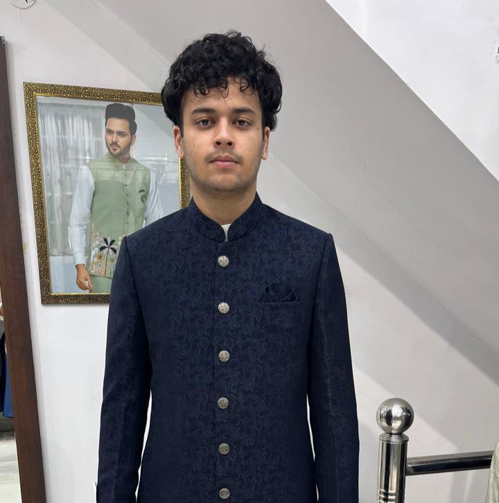Navy Blue Jacquard Sherwani for Groom, Indo-Western Wedding Achkan