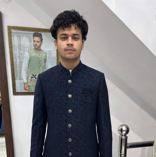 Navy Blue Jacquard Sherwani for Groom, Indo-Western Wedding Achkan