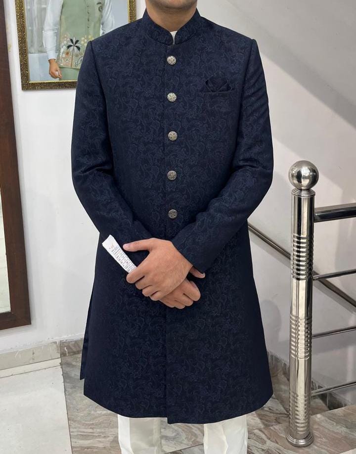 Navy Blue Jacquard Sherwani for Groom, Indo-Western Wedding Achkan