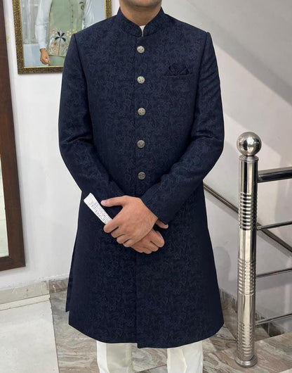Navy Blue Jacquard Sherwani for Groom, Indo-Western Wedding Achkan