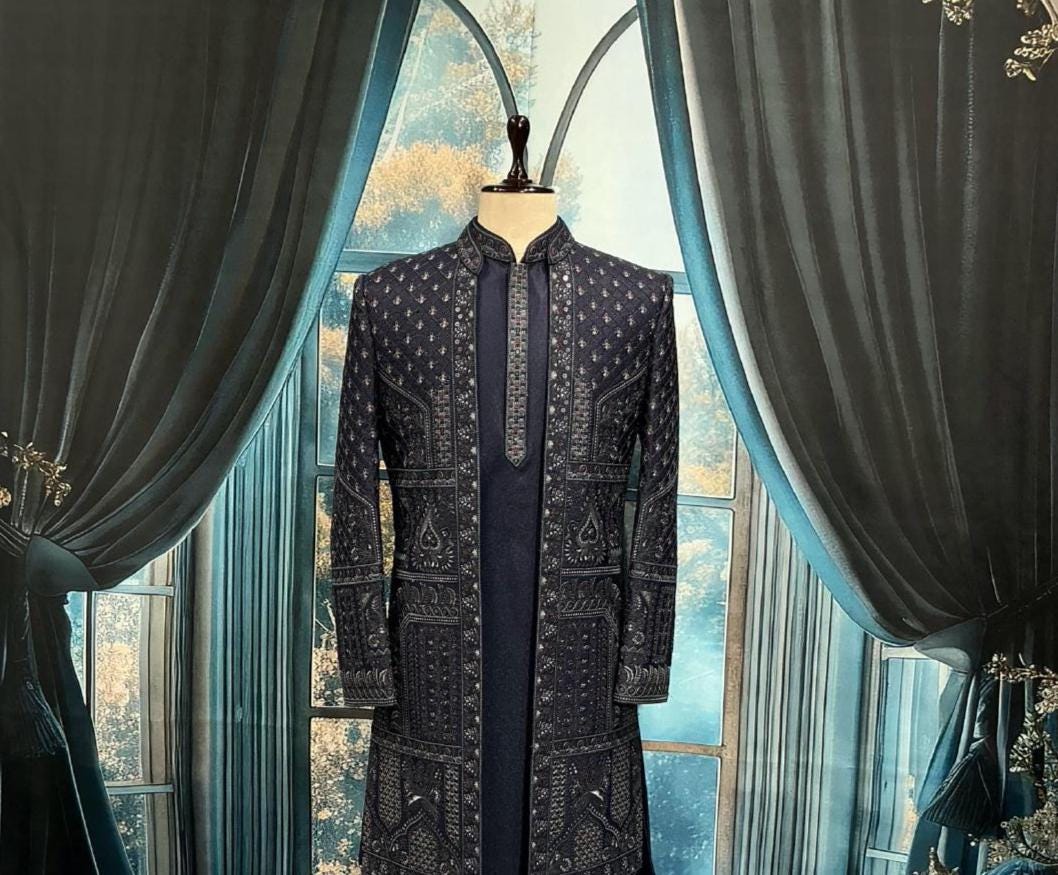 Navy Blue Art Silk Groom Sherwani: Elegant Zardozi Embroidered Indo Western