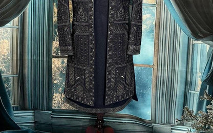 Navy Blue Art Silk Groom Sherwani: Elegant Zardozi Embroidered Indo Western
