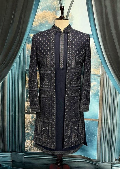 Navy Blue Art Silk Groom Sherwani: Elegant Zardozi Embroidered Indo Western