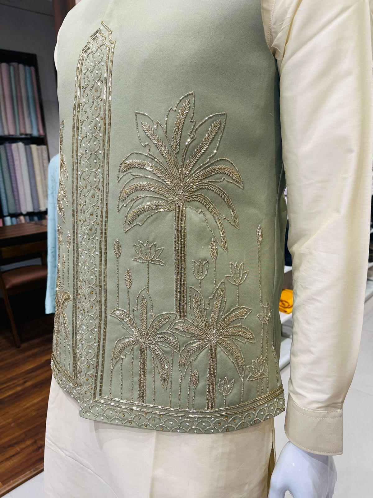 Sage Green Bandhgala Jacket Set: Zardozi Embroidered Nehru Jacket