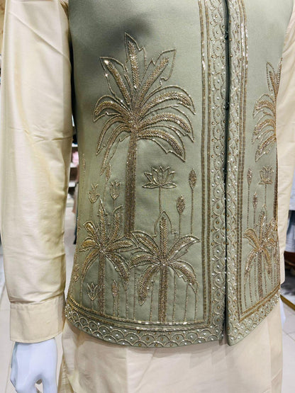 Sage Green Bandhgala Jacket Set: Zardozi Embroidered Nehru Jacket
