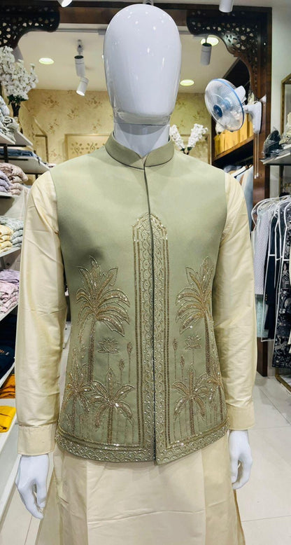 Sage Green Bandhgala Jacket Set: Zardozi Embroidered Nehru Jacket