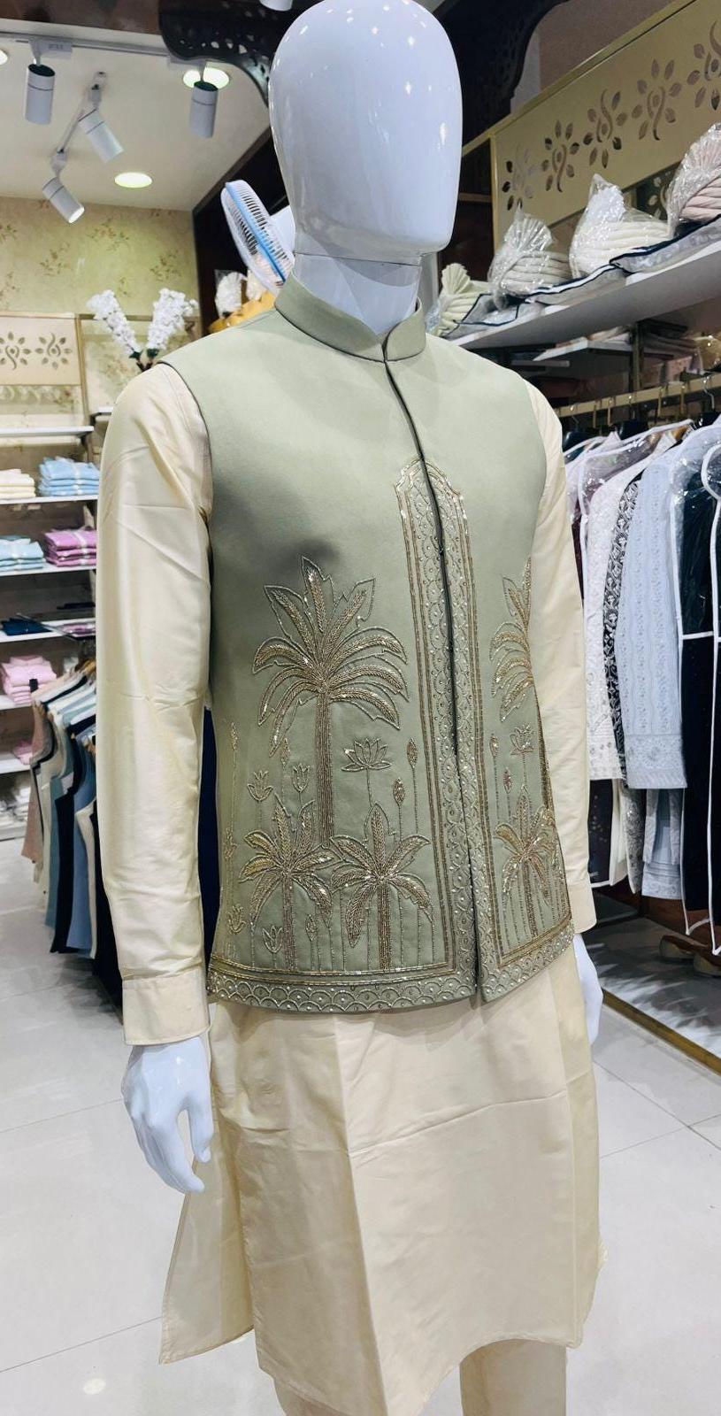 Sage Green Bandhgala Jacket Set: Zardozi Embroidered Nehru Jacket