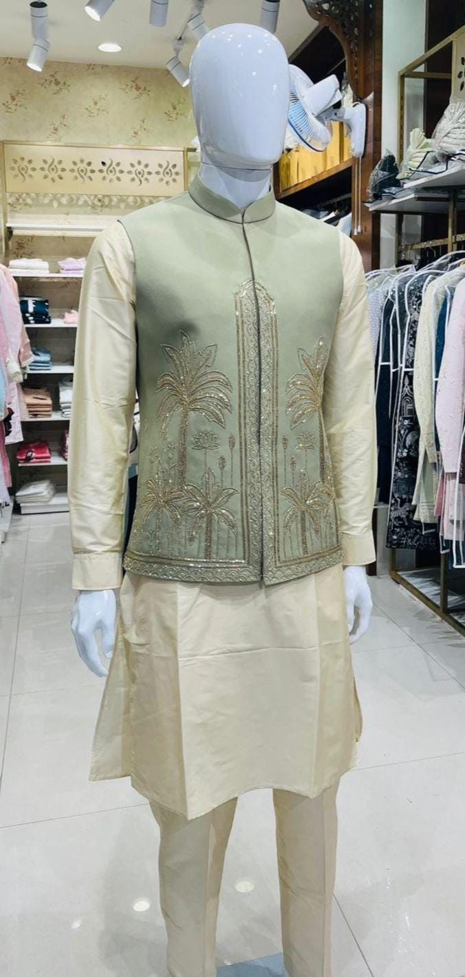 Sage Green Bandhgala Jacket Set: Zardozi Embroidered Nehru Jacket
