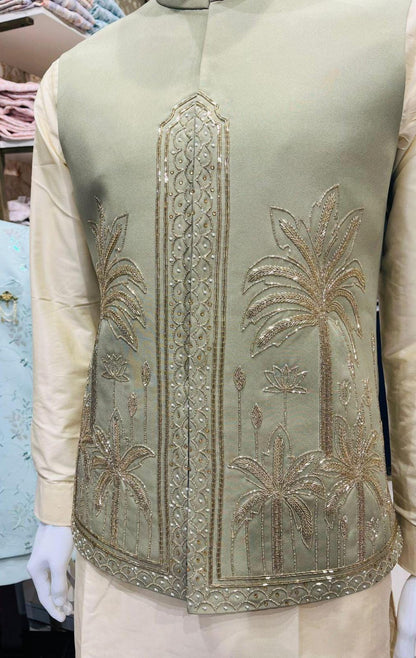 Sage Green Bandhgala Jacket Set: Zardozi Embroidered Nehru Jacket