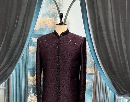Indo-Western Sherwani for Groom, Black Zardozi Embroidery Indian Groom Outfit
