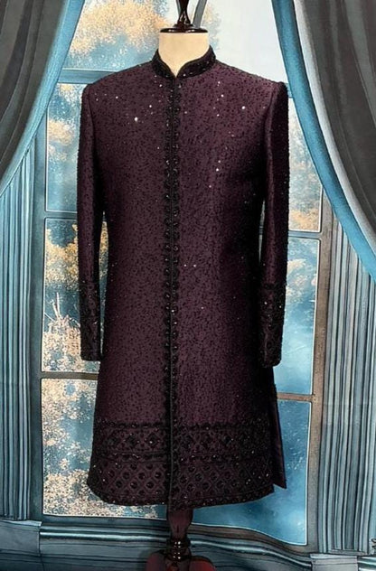 Indo-Western Sherwani for Groom, Black Zardozi Embroidery Indian Groom Outfit