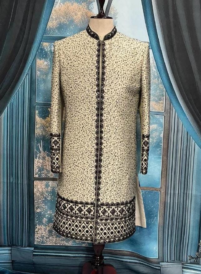 Elegant Fawn Sherwani with Black Zardozi, Men's Indo-Western Wedding Attire by Golden Attire