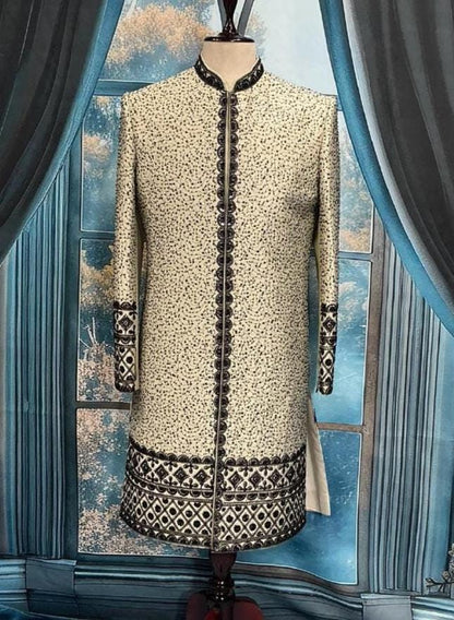 Elegant Fawn Sherwani with Black Zardozi, Men's Indo-Western Wedding Attire by Golden Attire