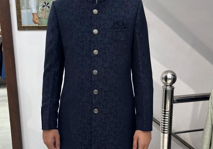 Navy Blue Jacquard Sherwani for Groom, Indo-Western Wedding Achkan