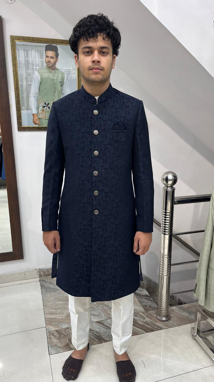 Navy Blue Jacquard Sherwani for Groom, Indo-Western Wedding Achkan
