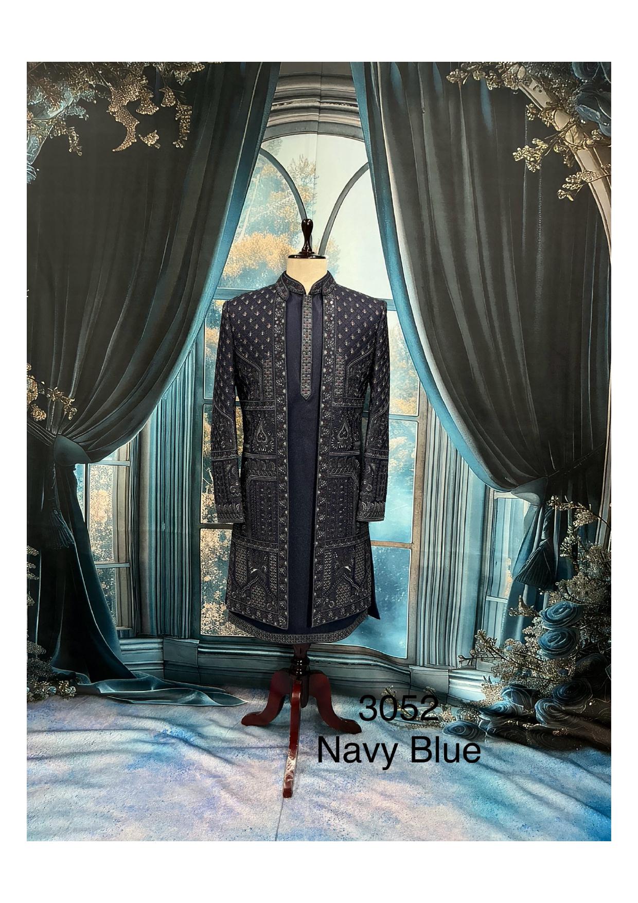 Navy Blue Art Silk Groom Sherwani: Elegant Zardozi Embroidered Indo Western
