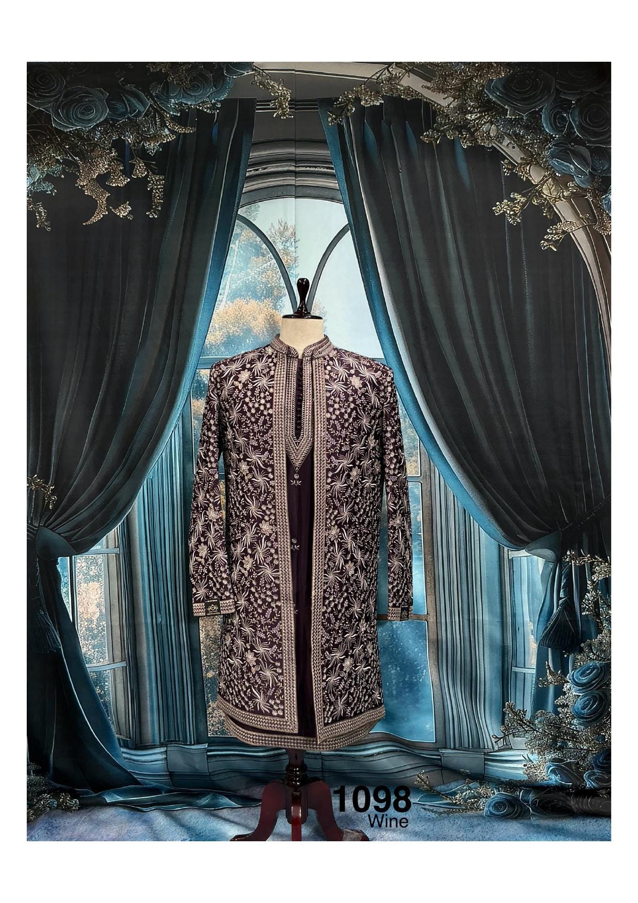 Wine shrug Indo-Western Sherwani for Groom, Indian Men Outfit