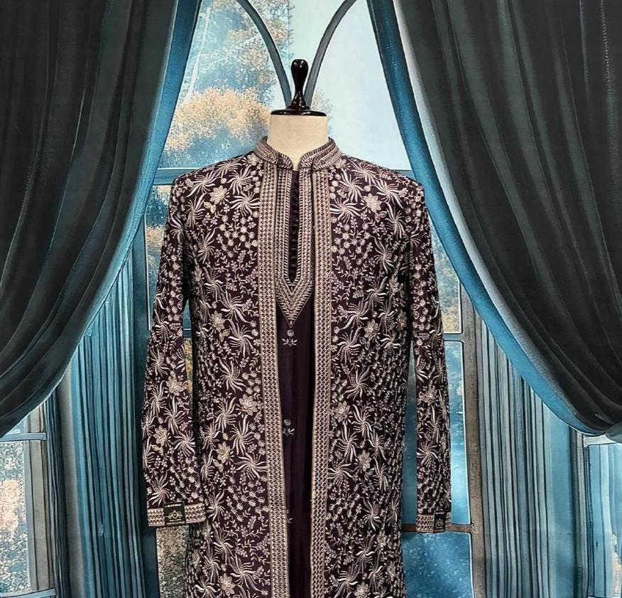 Wine shrug Indo-Western Sherwani for Groom, Indian Men Outfit