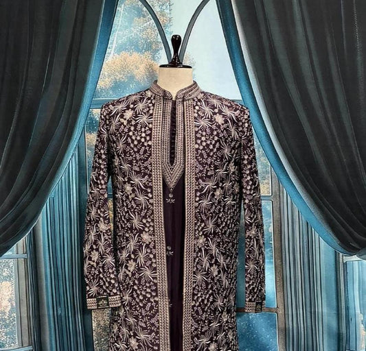 Wine shrug Indo-Western Sherwani for Groom, Indian Men Outfit