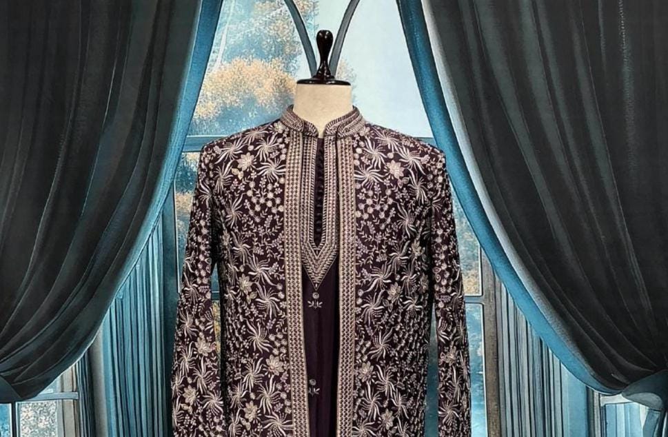 Wine shrug Indo-Western Sherwani for Groom, Indian Men Outfit