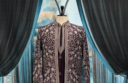 Wine shrug Indo-Western Sherwani for Groom, Indian Men Outfit