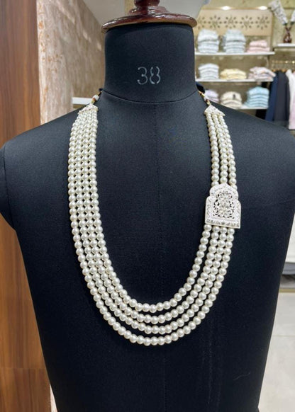 Ivory Pearl Mala for Groom, Kantha Work & Stone Brooch, 4-Layered Wedding Necklace