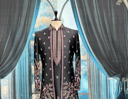 Black Men's Shrug Indo-Western, Zardozi & Thread Embroidered Sherwani