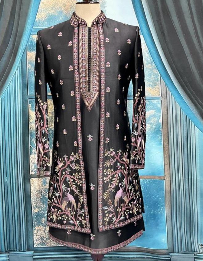 Black Men's Shrug Indo-Western, Zardozi & Thread Embroidered Sherwani