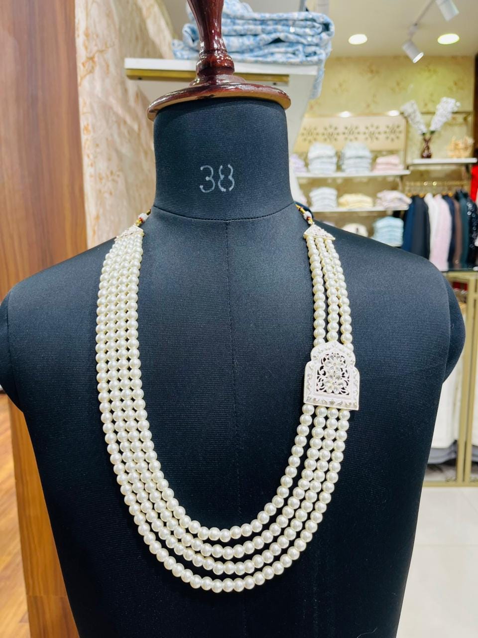 Ivory Pearl Mala for Groom, Kantha Work & Stone Brooch, 4-Layered Wedding Necklace