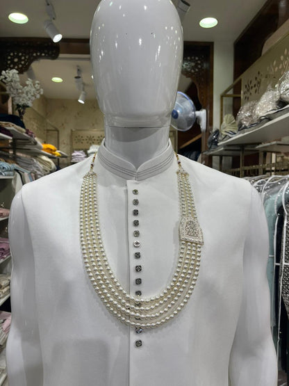 Ivory Pearl Mala for Groom, Kantha Work & Stone Brooch, 4-Layered Wedding Necklace