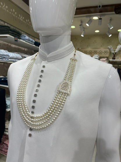 Ivory Pearl Mala for Groom, Kantha Work & Stone Brooch, 4-Layered Wedding Necklace