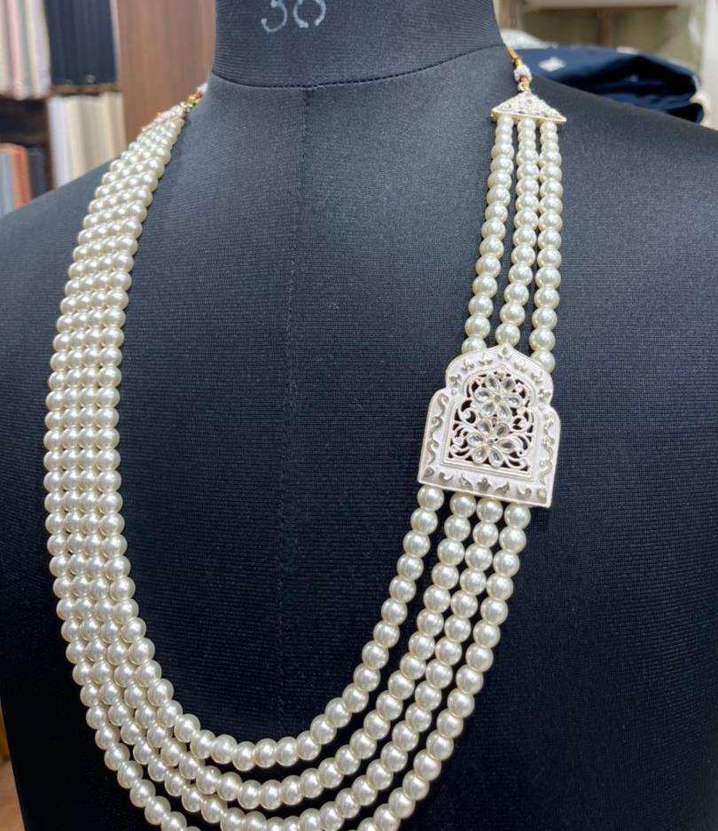 Ivory Pearl Mala for Groom, Kantha Work & Stone Brooch, 4-Layered Wedding Necklace