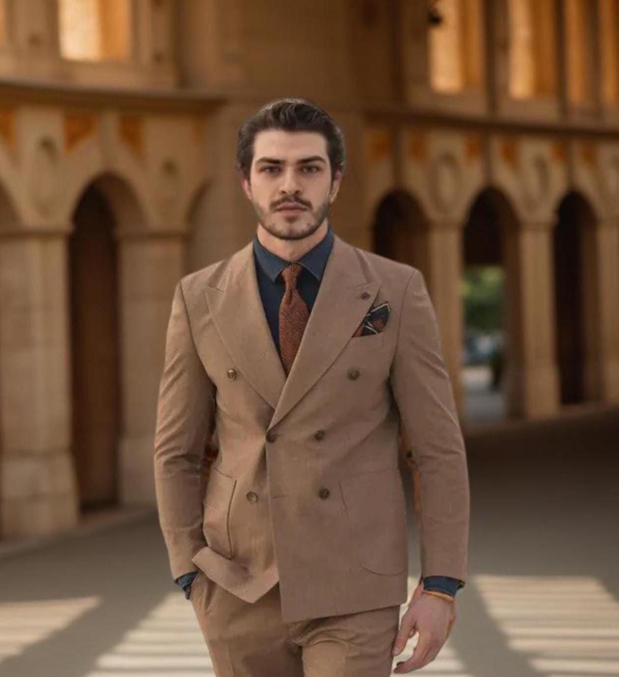 Camel Herringbone Tweed Wedding Suit, Elegant Double-Breasted Groom Suits