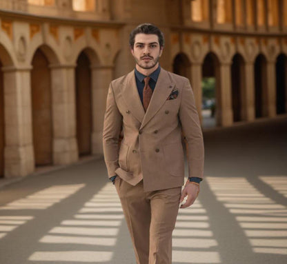 Camel Herringbone Tweed Wedding Suit, Elegant Double-Breasted Groom Suits