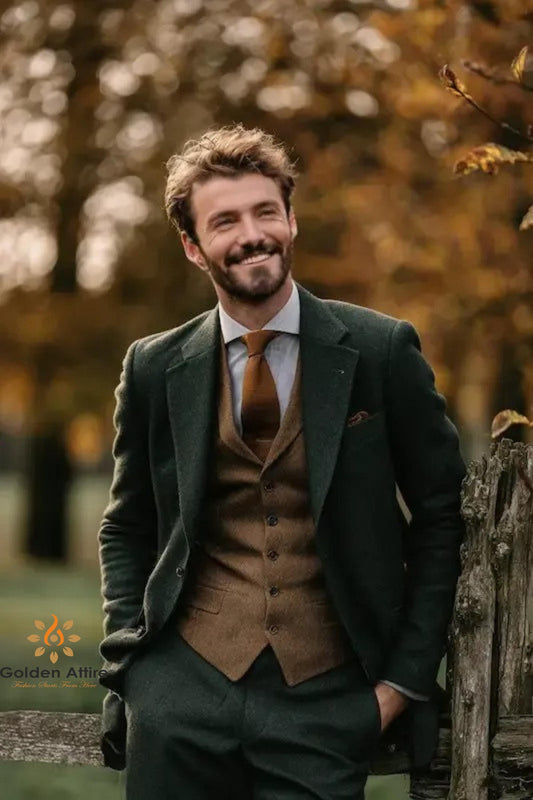Hunter Green Tweed Wedding Suit, Brown Waistcoat, Wool Groom Attire