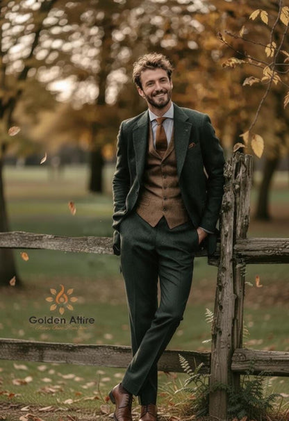 Hunter Green Tweed Wedding Suit, Brown Waistcoat, Wool Groom Attire