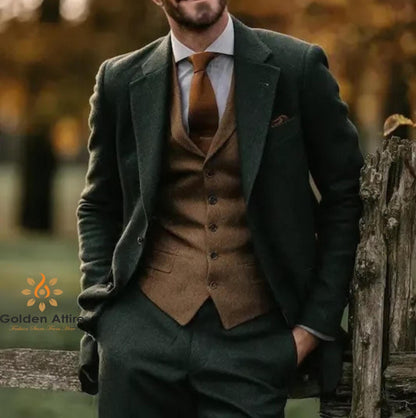 Hunter Green Tweed Wedding Suit, Brown Waistcoat, Wool Groom Attire