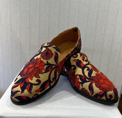 Handmade Floral Art Silk Groom Loafers, Indian Wedding Shoes