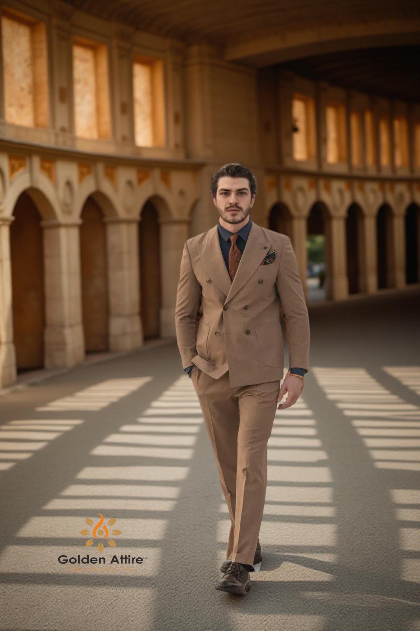 Camel Herringbone Tweed Wedding Suit, Elegant Double-Breasted Groom Suits