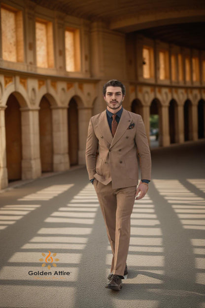 Camel Herringbone Tweed Wedding Suit, Elegant Double-Breasted Groom Suits